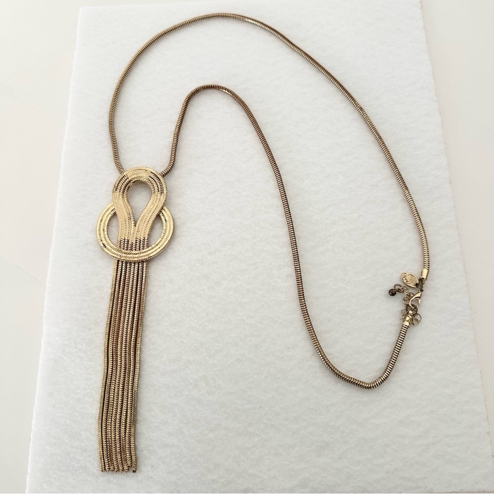 Charming Charlie Gold Knotted Loop Tassel Pendant Statement Necklace for Women